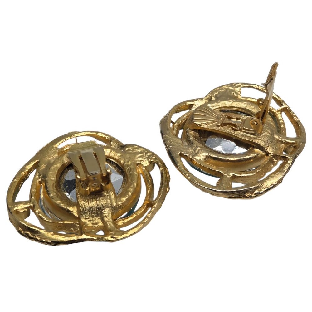 Massive Vintage 1980's CRAFT Gold Aquamarine Glass Crystal Clip-on Earrings - Picture 4 of 6